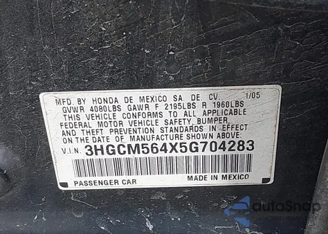 2005 Honda Accord 2.4 Lx from USA, damaged, VIN 3HGCM564X5G704283